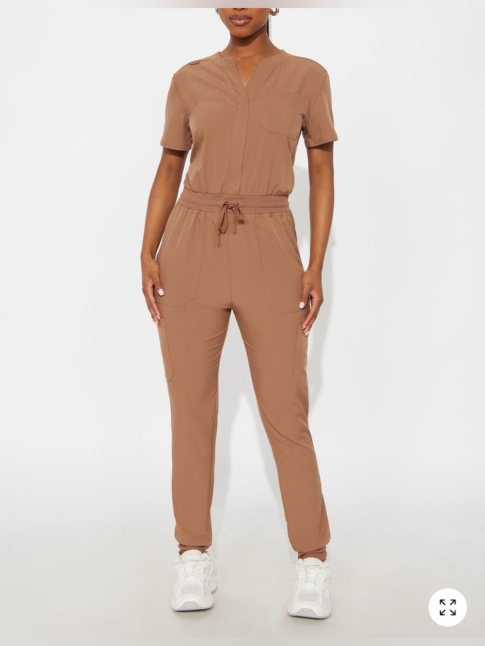 Fashion Nova Everyday Scrub Jumpsuit in Chocolate